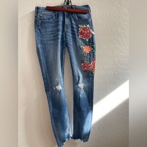 Express Blue Skinny Jeans with Floral Embroidery